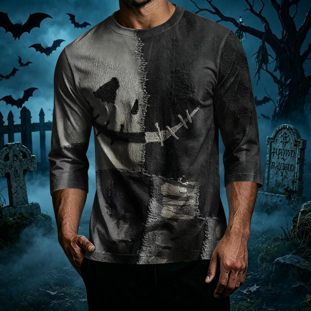 Men Casual Halloween Print Crew Neck T Shirt Three Quarter Sleeve Relaxed Fit Top for Everyday Wear