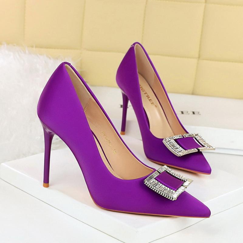 Fashionable High Heels For Women With Light Mouth Square Buckle Rhinestone Slim Heels Single Shoes Pointed Toe High-End Shoes