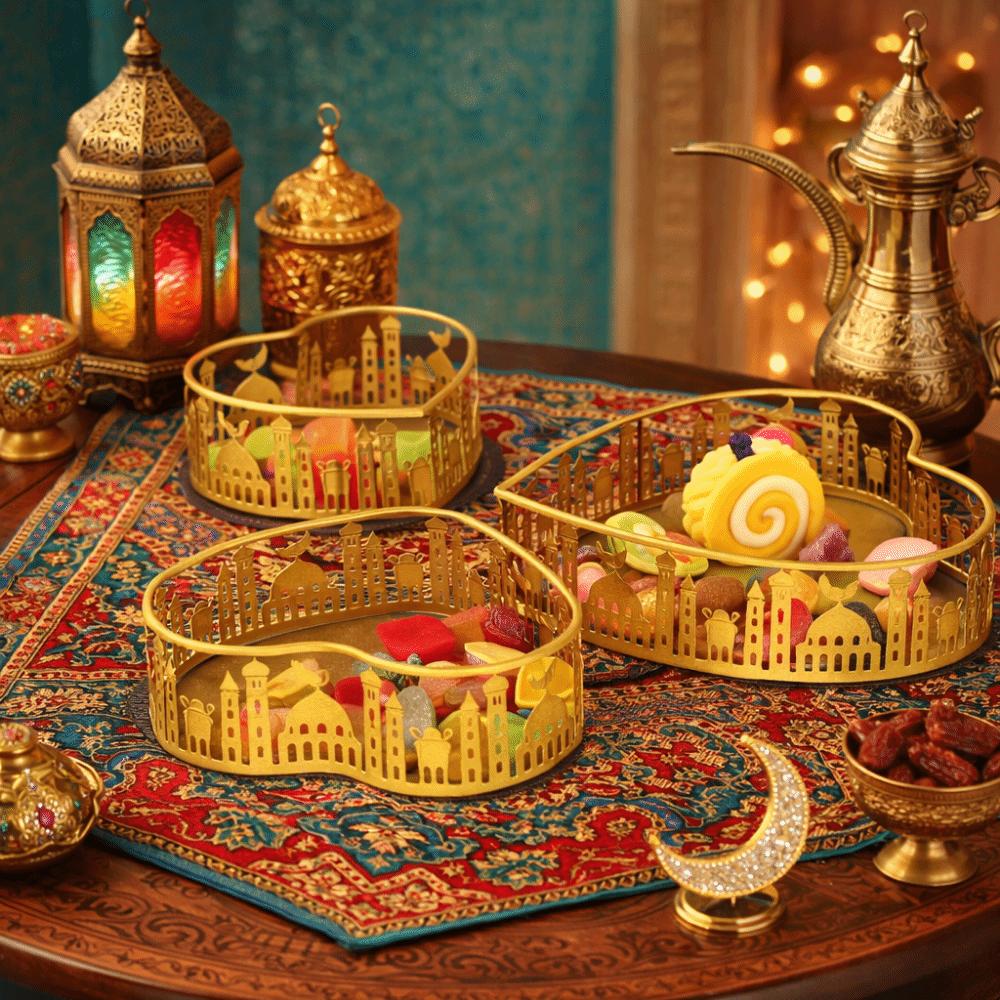 3Pcs Gold Color Ramadan Festival Art Tray Elegant Eid Candy Dish Islamic Holidays