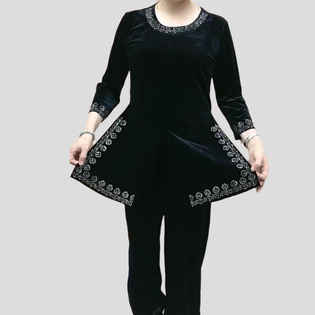 2pcs Pants Suits High-end Autumn Retro Women's Velvet Printed Plus-size Blouse High-waist Velvet Pants Two-piece Set