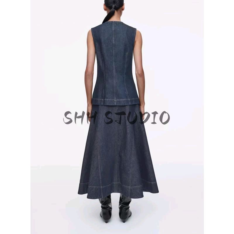 Spring New Women's Clothing French Design Slim Fit Round Neck Denim Sleeveless Tops Vest 1265155