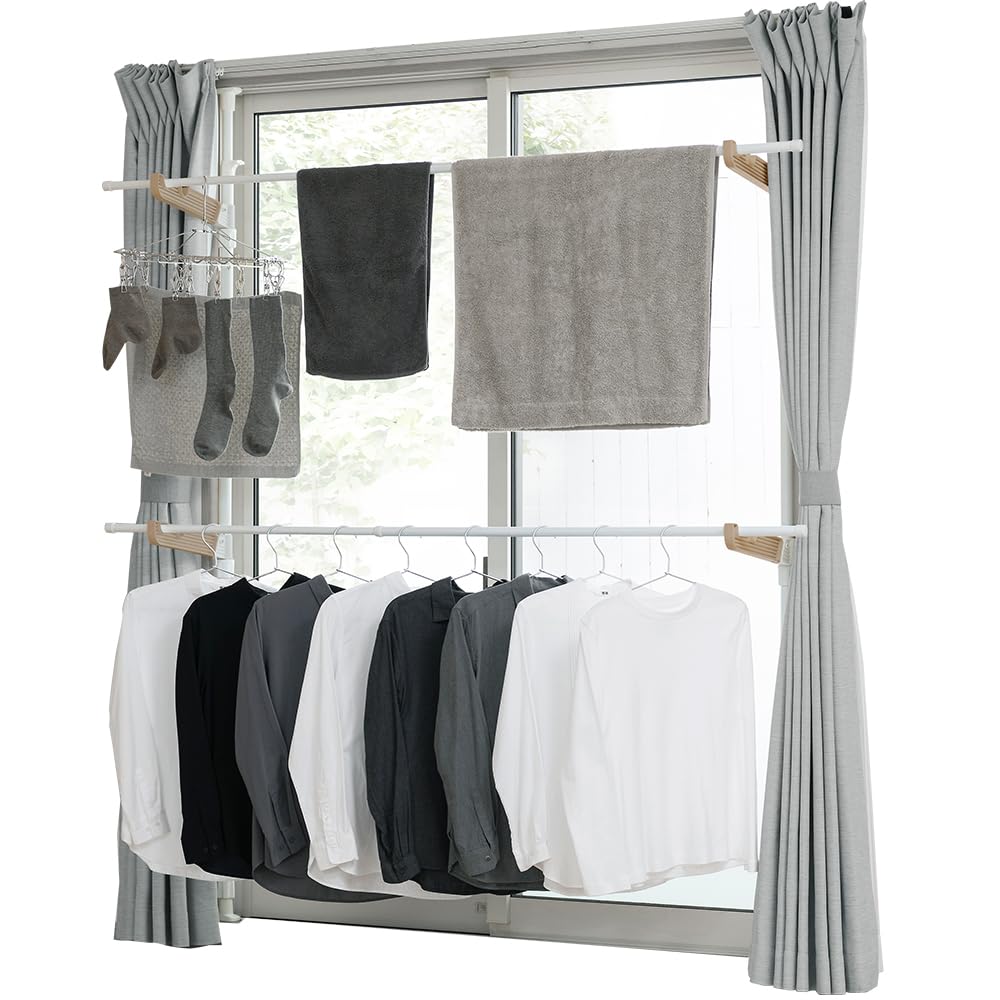 IRIS OHYAMA Window Frame Clothes Fits Approximately 4 Height Approximately MW-260NRPA Dryer, Space-Saving, Compact, People, 190-260cm, White/Beige