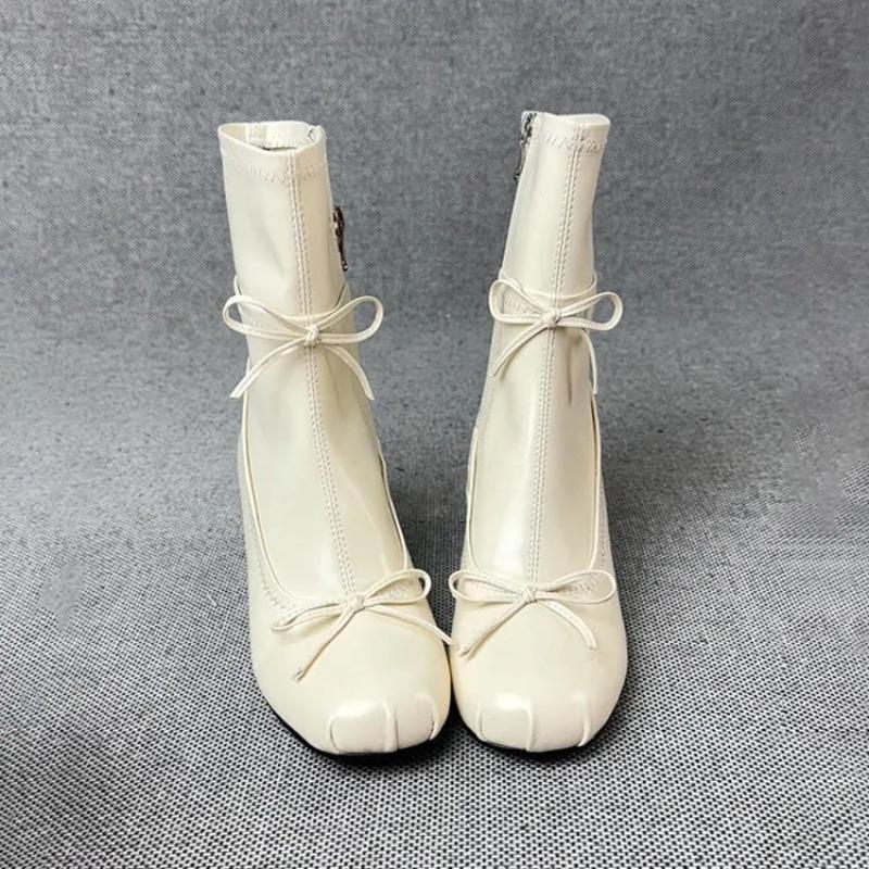 Fashion French Ballet Style Thick Heel Skinny Boots Women's Butterfly-Knot Round Toe Short Boots Side Zipper Elastic Mid-Calf Boots