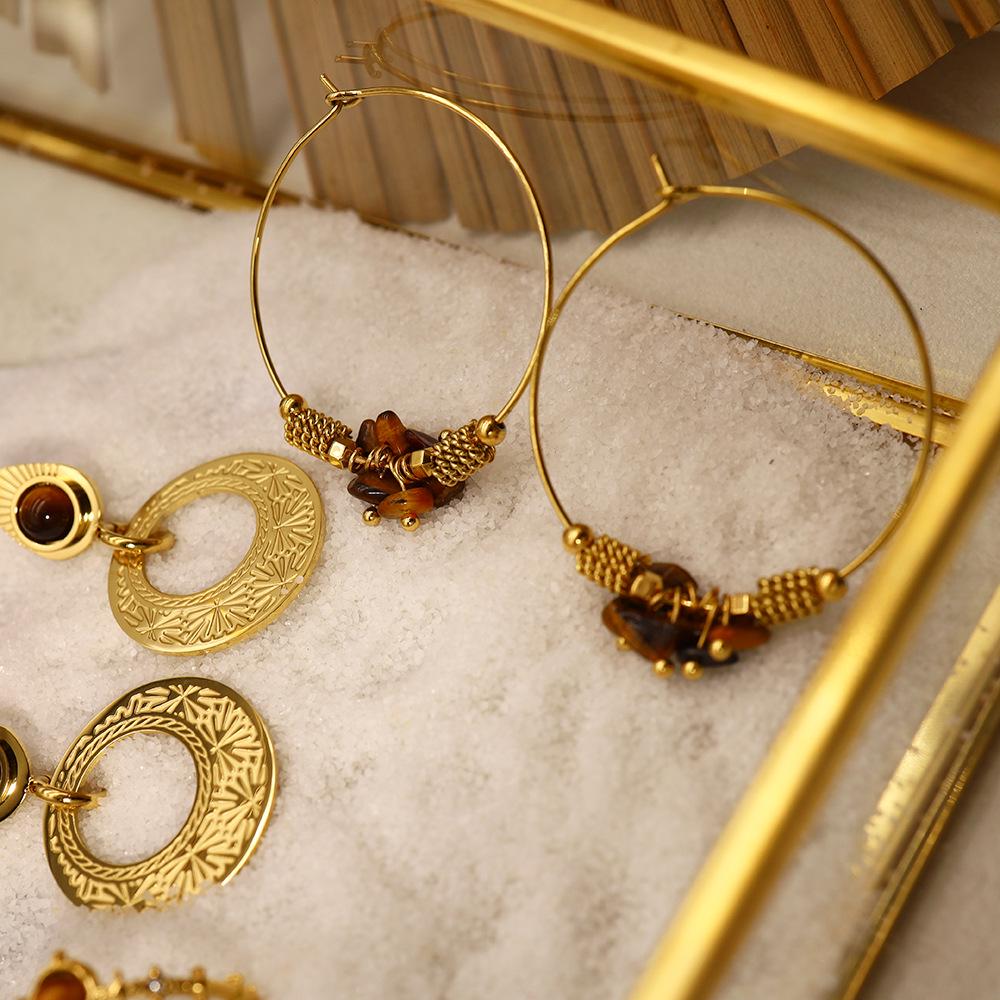 French Retro Tiger's Eye Earrings: Titanium Steel with 18K Gold, Non-Fading Natural Stone, Elegant Brown Design.