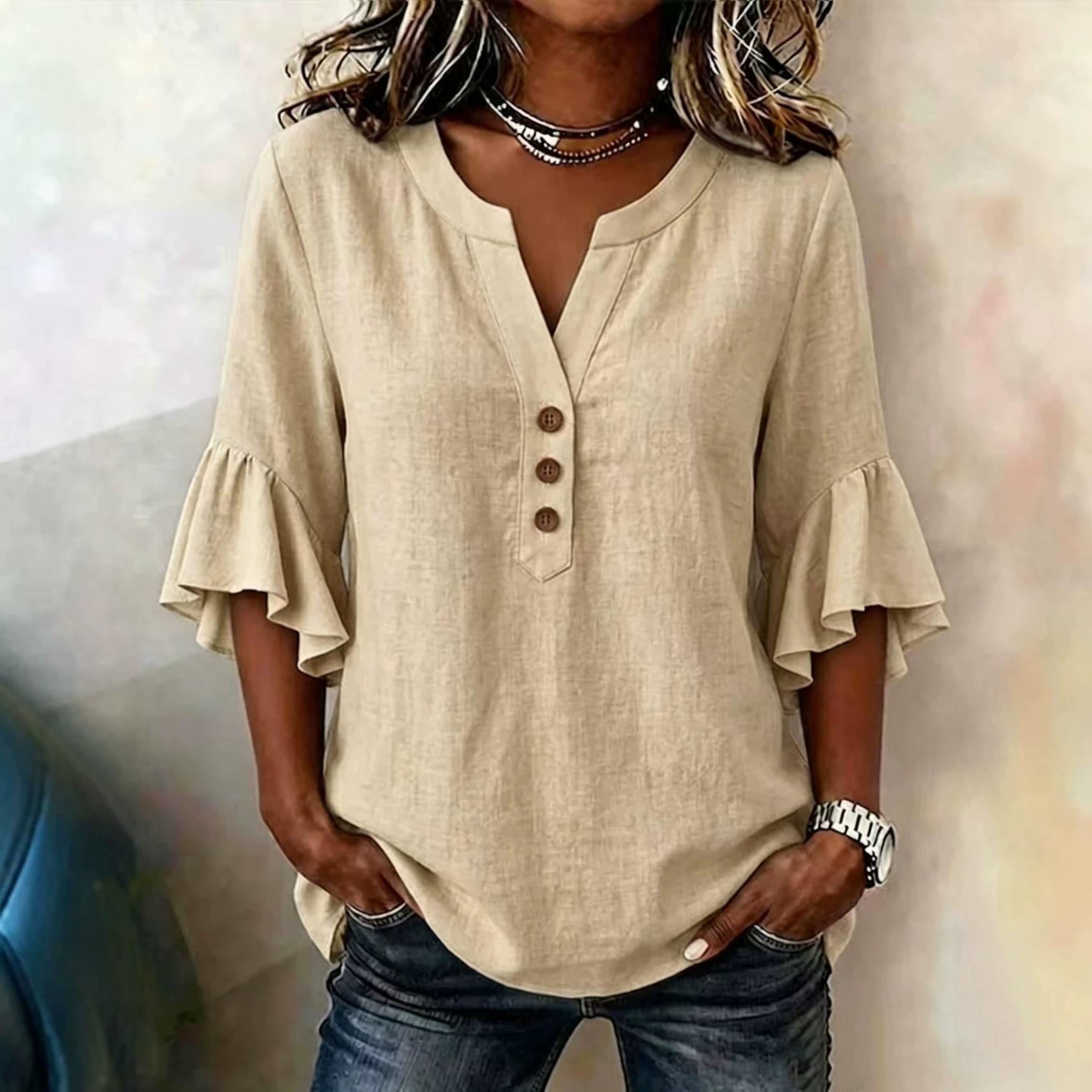 Women s Cotton and Linen French Gentle Wind Bell Sleeve Loose Casual Shirt L абрикосовый
