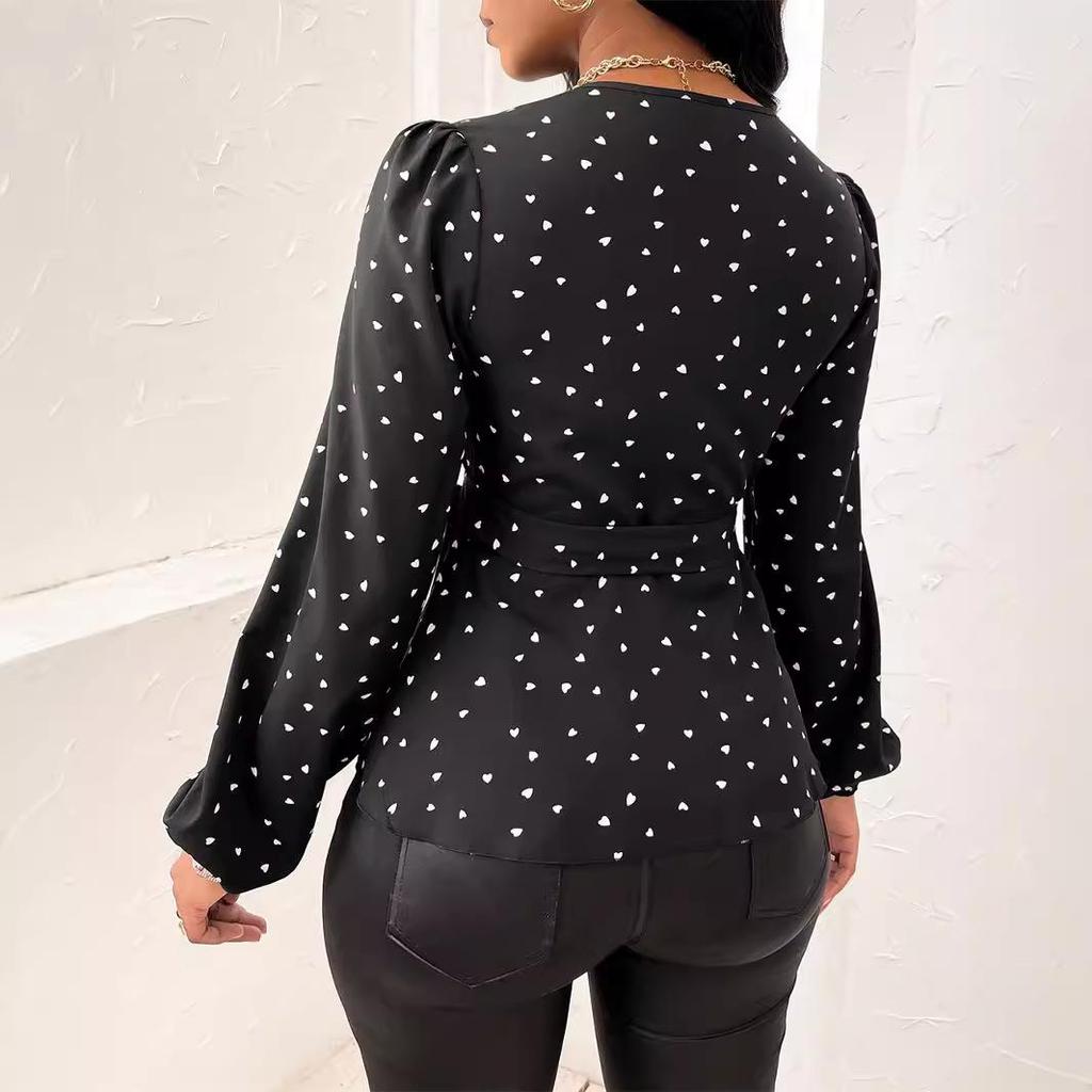 2024 Autumn Women's V-Neck Heart Print Tie-Up Top