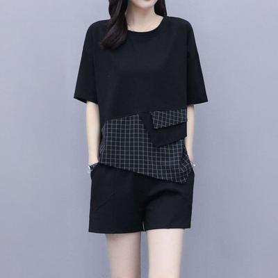 Women's Summer Two-Piece Outfit Loose Short Sleeve Crew Neck Plaid Design Top Wide Leg Shorts Set Casual Lounge Tracksuit