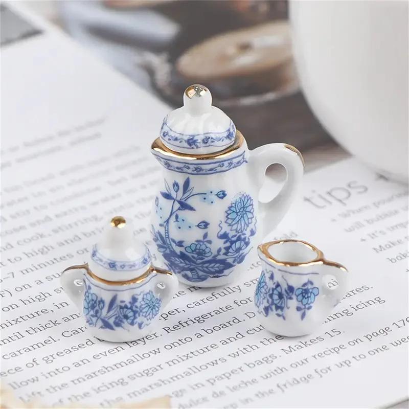 15Pcs/Set Vintage Miniature White Porcelain Tea Set Pot Cup Plate Tableware Dollhouse House Model Room Items Furniture Decor