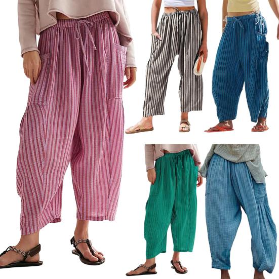 Women Pants Elastic Waist Striped Design Wide Leg Casual Trousers with Pockets Work Travel School All Day Wear