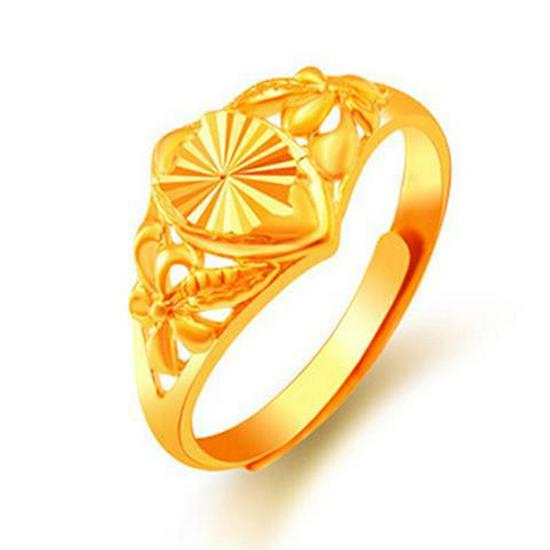 Gilded Brass Adjustable Heart Floral Ring for Women - Imitation Gold
