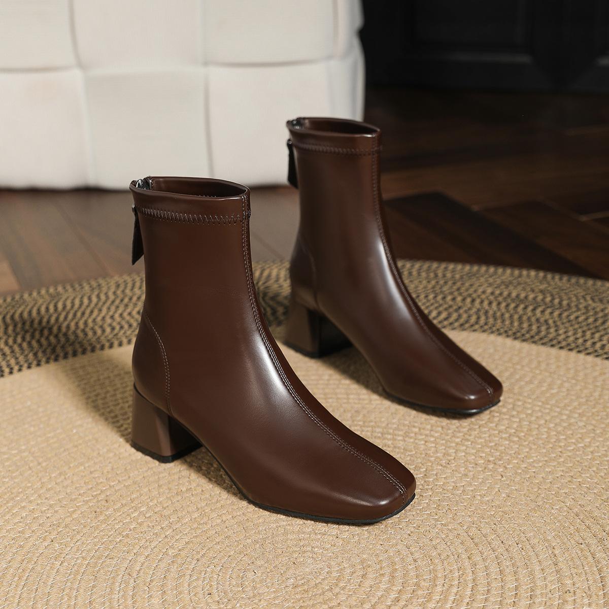 

Square head short boots women s spring and autumn leather boots 2024 new brown high-heeled women s boots medium tube French thick heel thin boots 34 коричневый