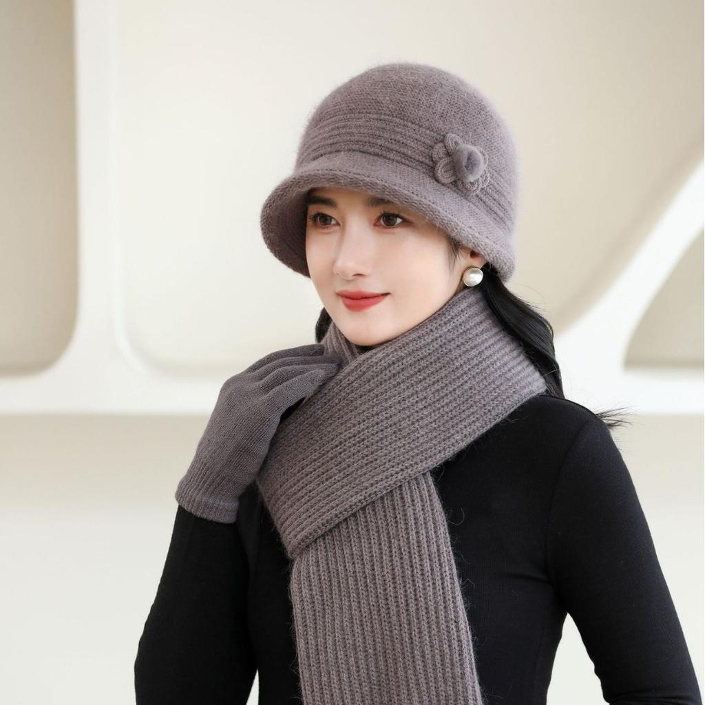 New Autumn and Winter Warm Rabbit Hair Hat Woman Mother Hat Set Old Lady Thickened Pot Hat Fashionable