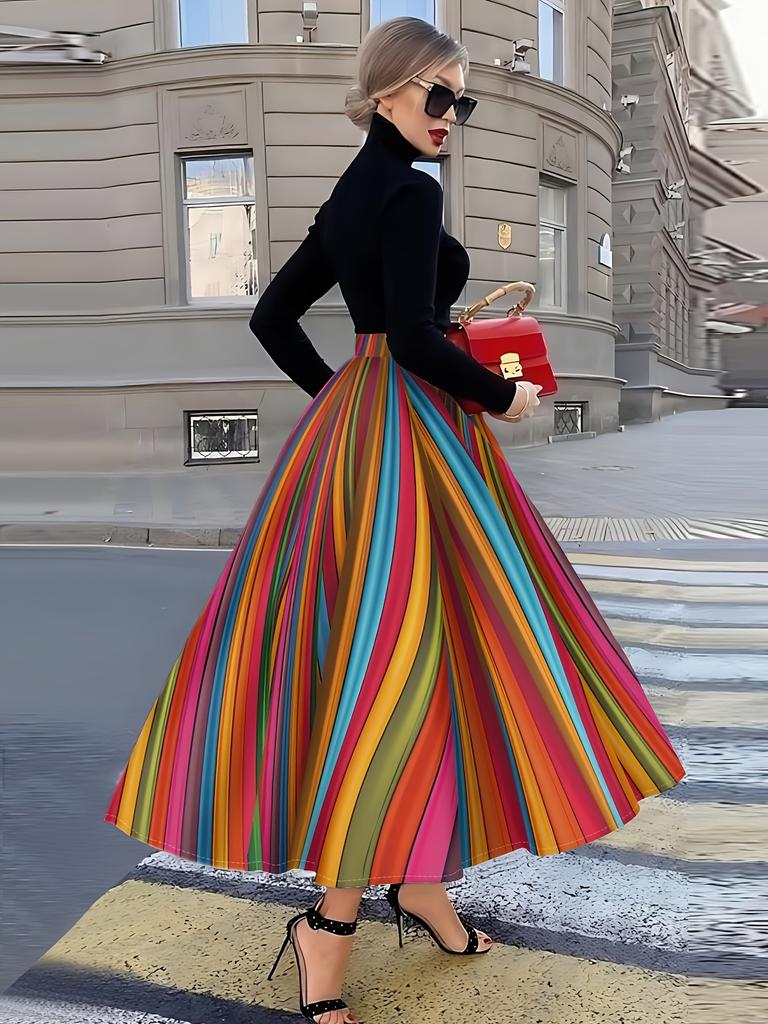 Rainbow Vertical Stripe Print Midi Skirt for Women Vacation Style Summer A Line High Waist Elastic Waist Casual Office Party