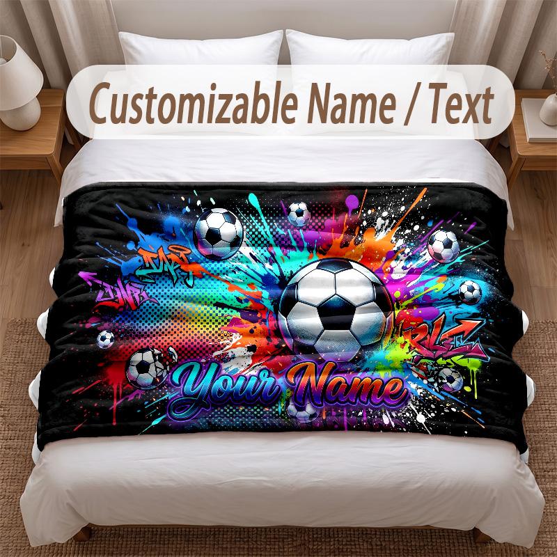 Soccer Theme Soft Blanket Personalized Custom Name Text Print Warm Blanket Home Sofa Bedroom Decor