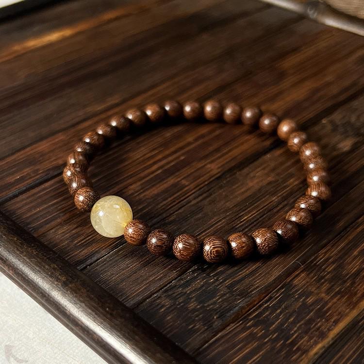 Golden Sandalwood & Rutilated Quartz Beaded Bracelet - Chinese Style Single Strand for Women