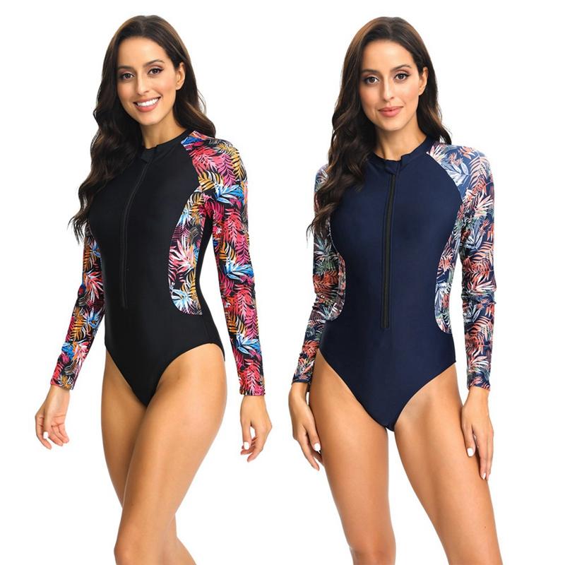 Women One-piece Long-sleeved Triangle Swimsuit Front Zipper Closure Swimwear