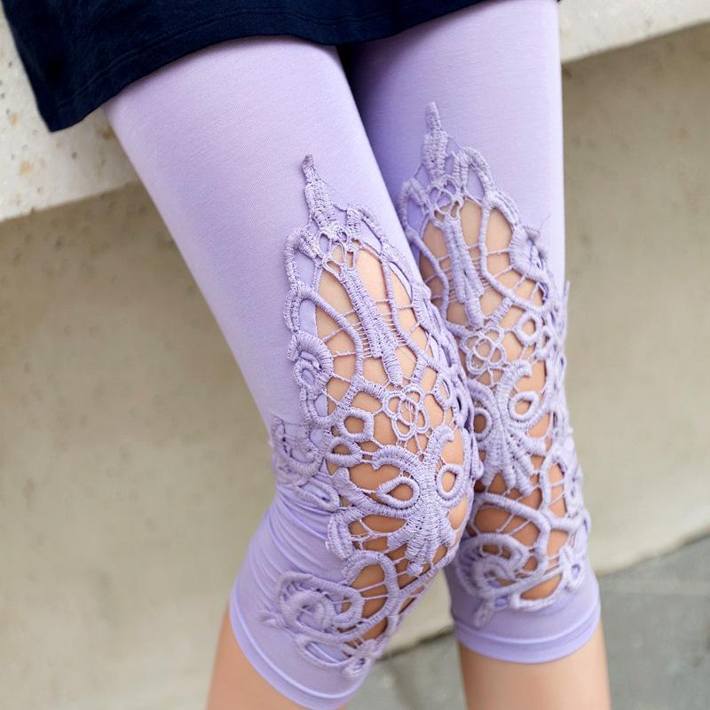 Lace Fashion Women Summer Leggings Skinny Stretch Cropped Capris Pants 3/4 Length Trousers