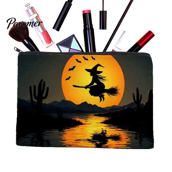 Waterproof Canvas Bag Storage Bag, with Halloween Pattern Printed, Smooth Zipper Themed Organizer Makeup Large Capacity Travel Cosmetic Pouch