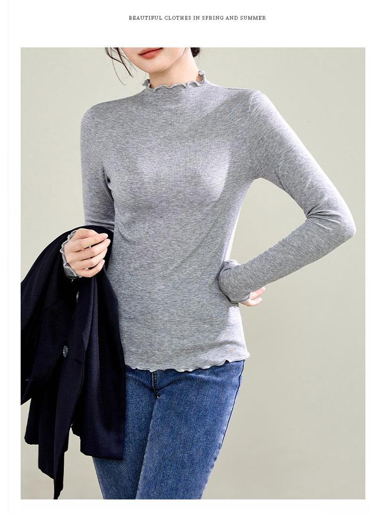 Nové dámské tričko s dlouhým rukávem z tencelové vlny, slim fit, s volánkovou ozdobou na podzim/zimu