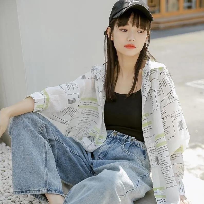 

Женская летняя свободная рубашка с длинным рукавом с буквенным принтом, тонкая куртка средней длины с защитой от солнца 3XL зелёный