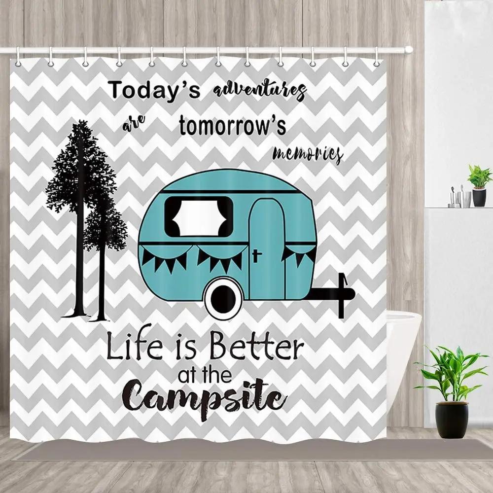 Beach Surf Rv Shower Curtain For Bathroom Decor Surfboard Hawaii Palm Tree Camping Car Ocean Sea Print Bath Curtain With Hooks