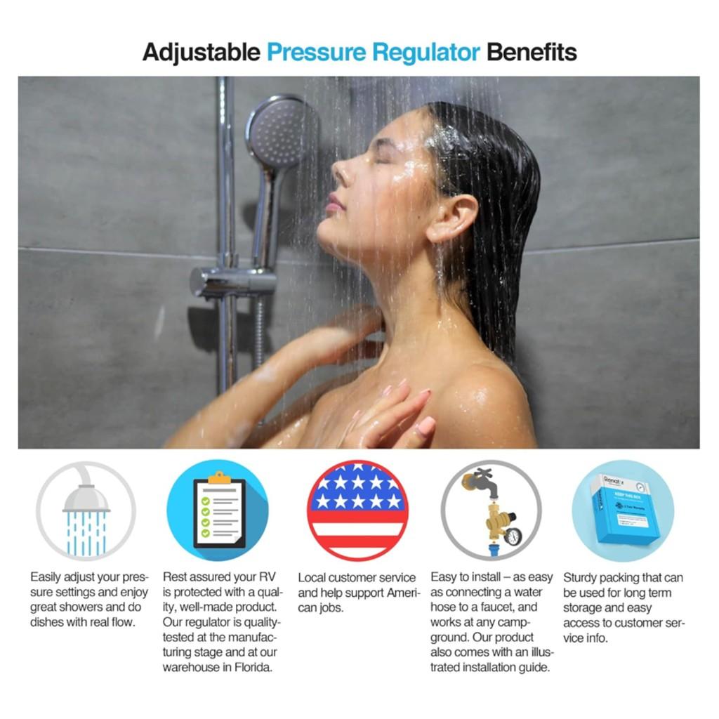 RV Water Pressure Regulator Adjustable Water Pressure Regulator Pressure Gauge-Equipped Pressure Reducing Valve NH3/4 Thread Brass Pressure