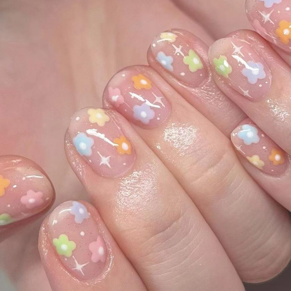 24pcs Wearable False Nail Spring Summer Short Oval Nails Art Colorful Flower Design Press on Nails Tips Finished Fake Nail Sets