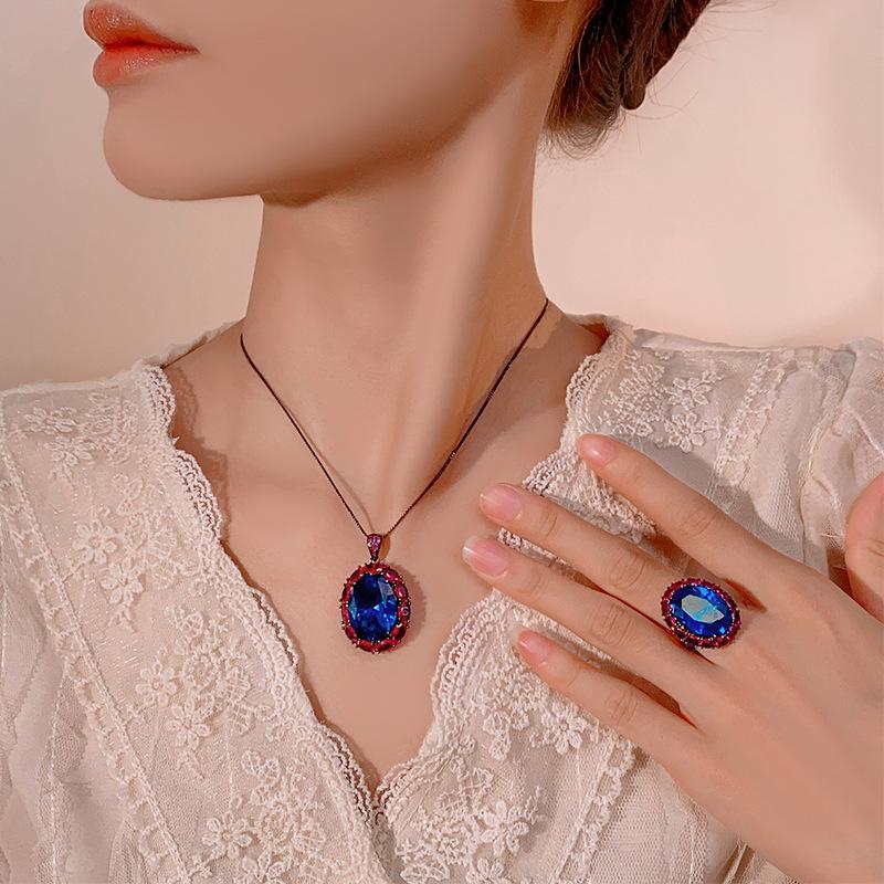 Jewelry Simulation Red Corundum Blue Spinel Light Luxury Jewelry Set Main Stone 15 * 20