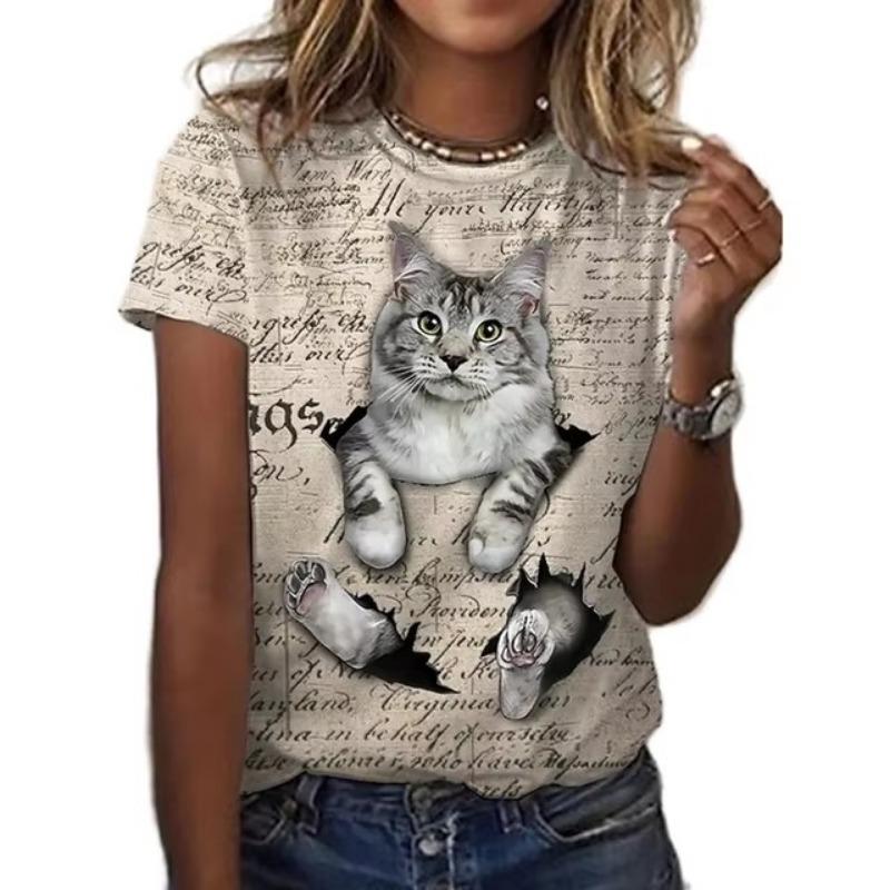 Animal Cat 3D Printed T-shirt for Women's Summer Short Sleeved Cute Animal T-shirt Y2k Harajuku Round Neck T-shirt for Women's Pullover