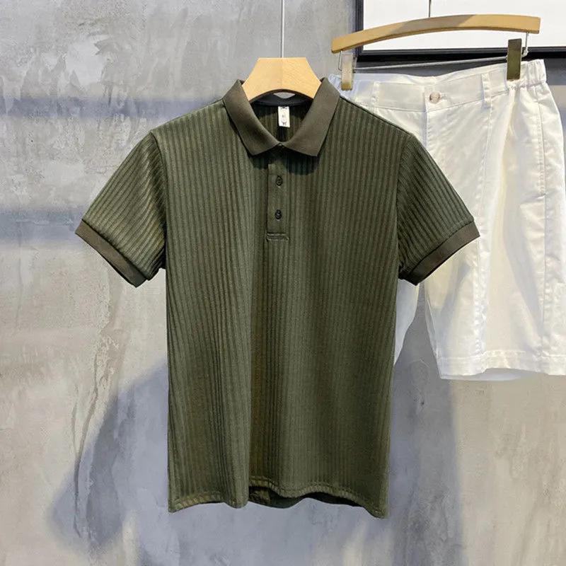 Men's Slim Fit Short Sleeve Polo Knit Shirt - Korean Style Casual Ribbed Top