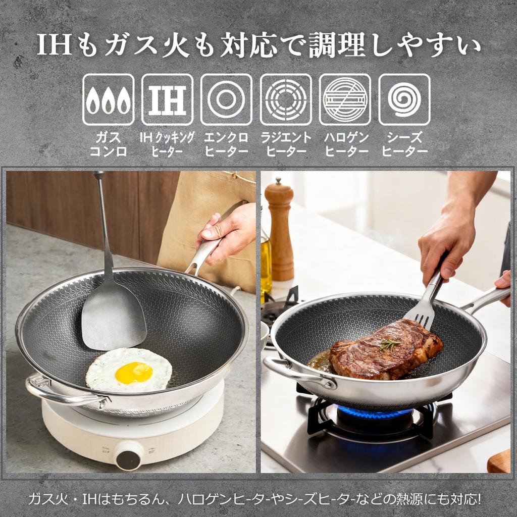 Wang Yuanji Stainless Steel Frying Pan, 32cm Deep, with Lid, Wok, Stir-fry Pan, Honeycomb Structure, Hexagonal Shape, Textured Surface, Non-stick, IH