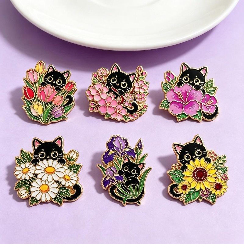 1/6Pcs Animal Brooches Flowers Enamel Pin Set Cartoon Black Cat Brooch For Coat Collar Lapel Pins Metal Badges Jewelry Gift