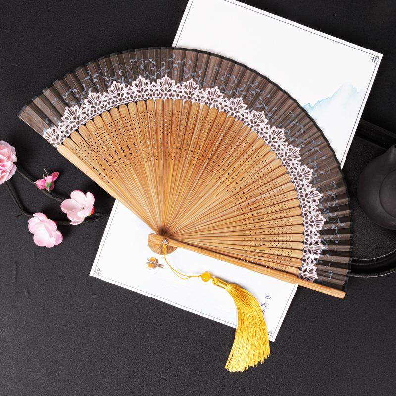 Chinese Style Folding Folding Fan Change Color With Tassel Dance Fan Silk Cloth Bamboo Summer