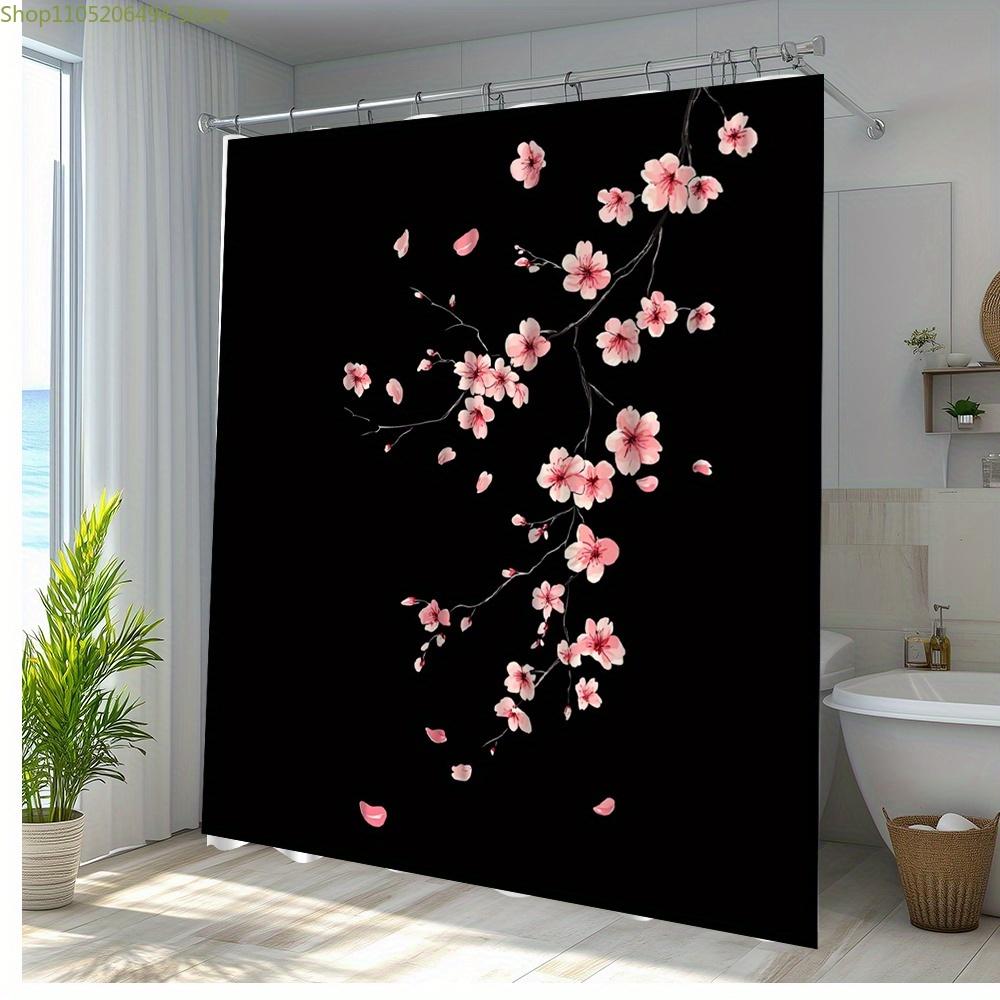1pc Cherry Blossom Shower Curtain Black Background Nature Flower Art Polyester Fabric Bathroom Decor with 12 Hooks 70.8x70.8 I