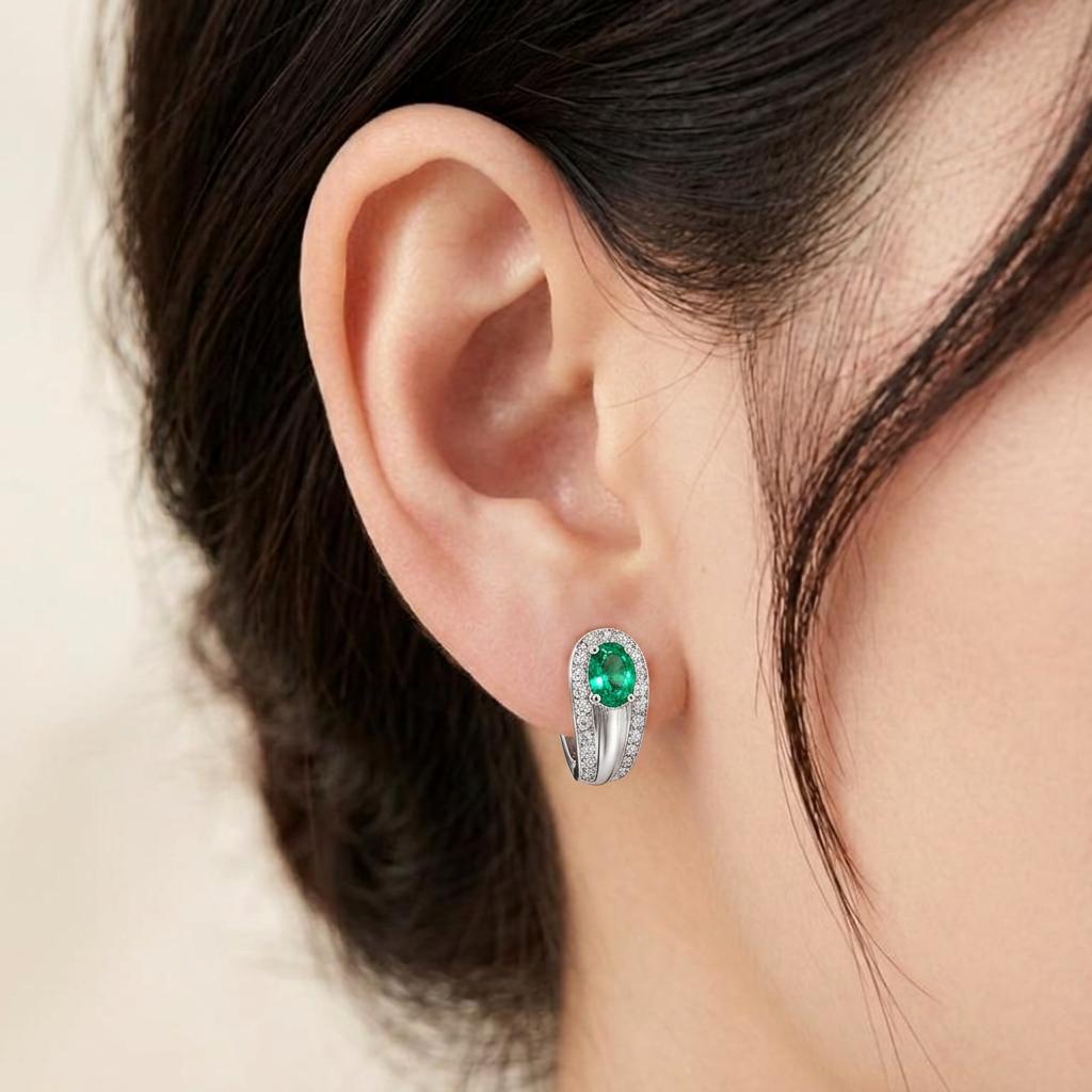 Copper Vintage Brushed Drop Earrings with Green Oval CZ & Paved Clear CZ Accents