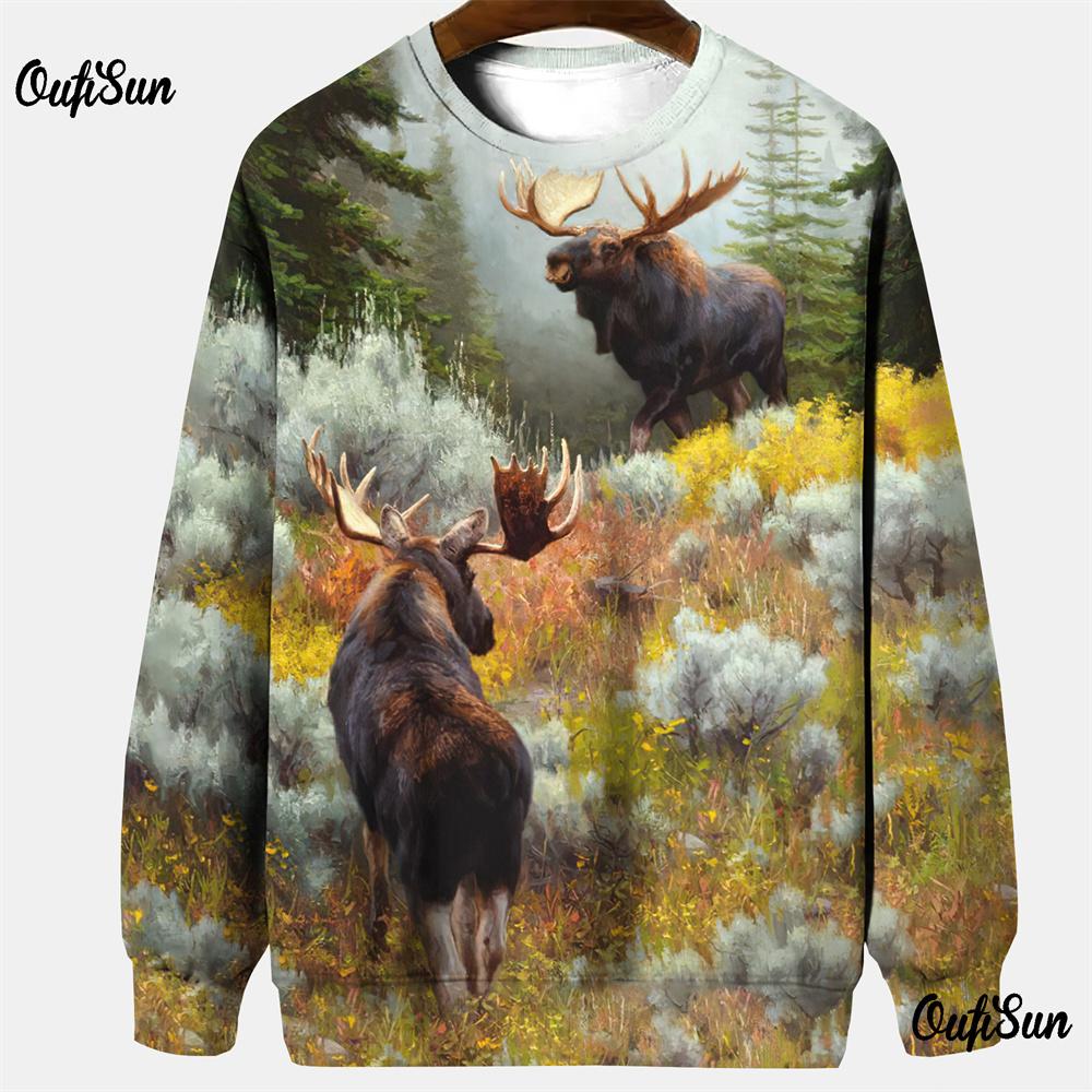 Felpe da caccia per uomo abbigliamento outdoor maglietta con stampa 3D alce top oversize a maniche lunghe girocollo pullover abbigliamento mimetico da uomo