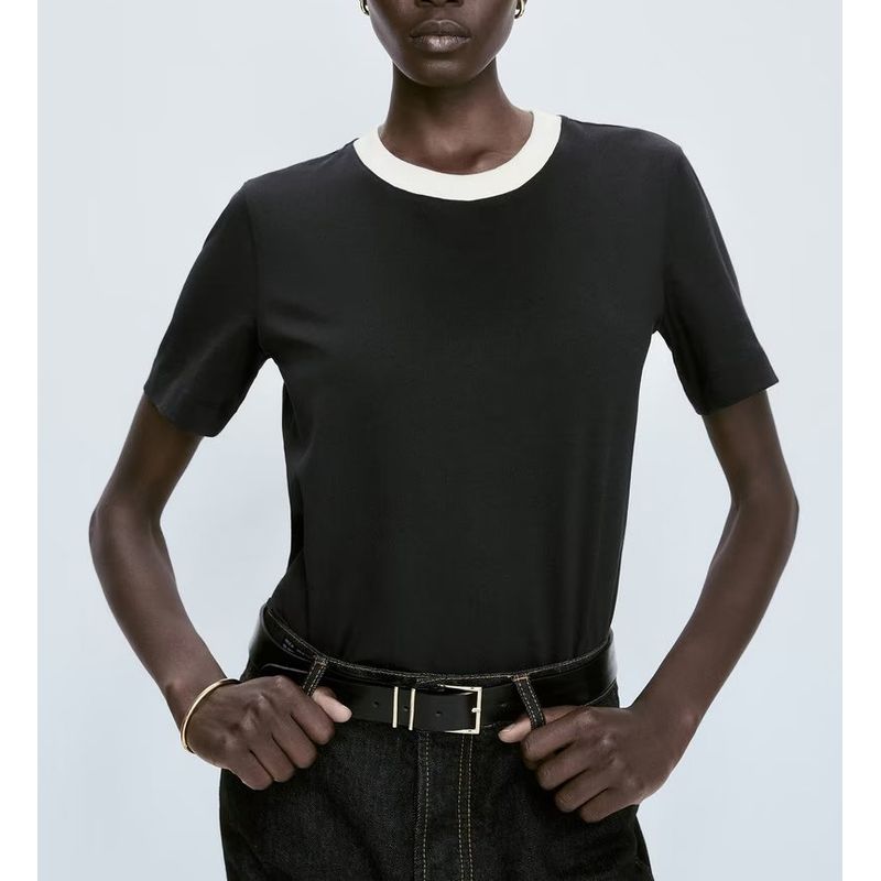 MD Spring New round Neck Inner Bottoming Top Casual Contrast Color Short Sleeve Silm Pure Cotton T-shirt 6855542