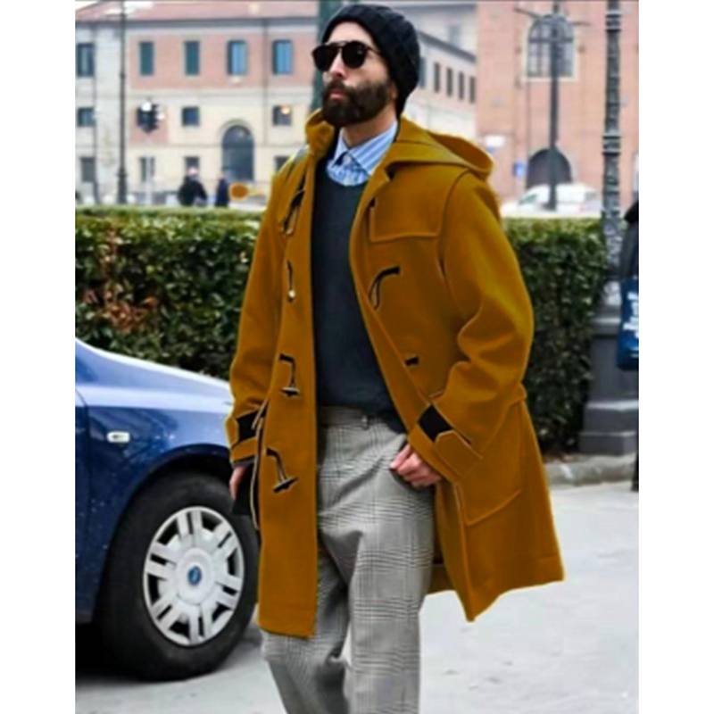 Men's Medium Long Casual Woolen Coat Men's Stand Collar Beveled Buckle with Welt Side Pocket Slim Fit Windbreaker Jacket