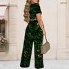 Damen Große Größen Rundhals Kurzarm Bedrucktes Crop Top Schwarz Gold Silber Weit Bein Hosen Zweiteiliges Set