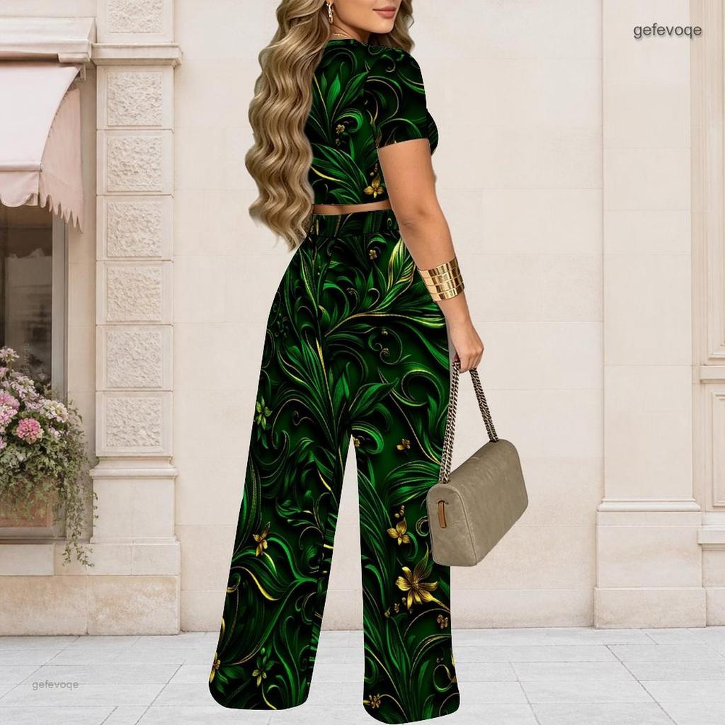 Damen Große Größen Rundhals Kurzarm Bedrucktes Crop Top Schwarz Gold Silber Weit Bein Hosen Zweiteiliges Set
