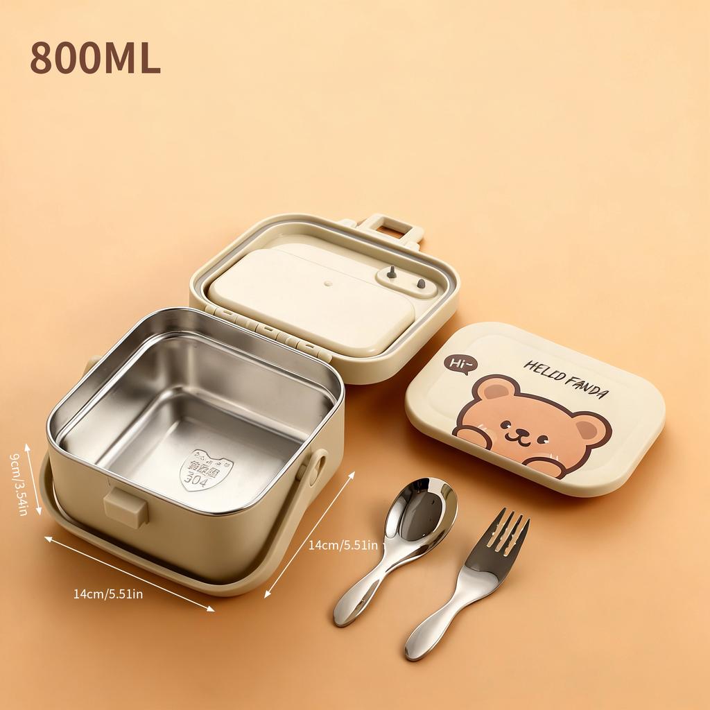 304 Stainless Steel Handheld Lunch Container Leak-proof Cartoon Square Children's Bento Lunch Box With Fork Spoon Microwave Safe