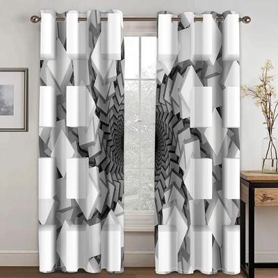 2Panels Dizzy Illusion Black and White Lattice Abstract Windows Curtains for Living Room Bedroom Kitchen Home Room Curtain Decor