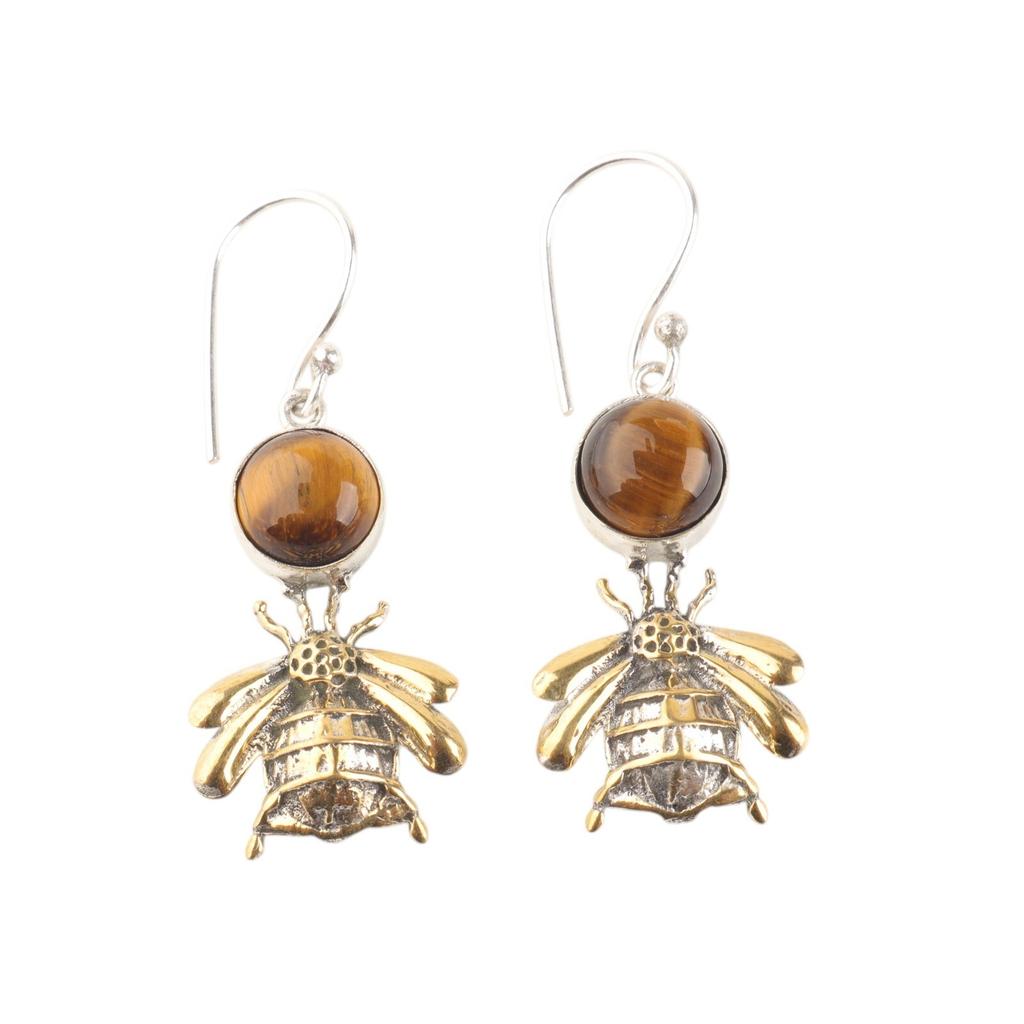 Natural Yellow Tiger Eye Gemstone 925 Stamped Silver Handmade Dangle Earrings 2" EE-154-31