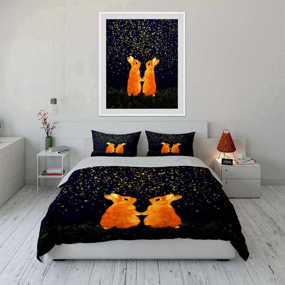 Rabbit Starry Night Decor Set Soft Comfortable Duvet Cover Bedding Set Included 1*Duvet Cover & 2*Pillowcases, Gift