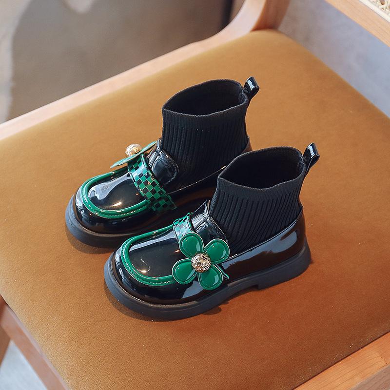 Girl's Cute Little Flower Blossoms Socks Boots Autumn New Collection Children's Knitted Splicing Small Leather Boots Medium Large Children's Shoes