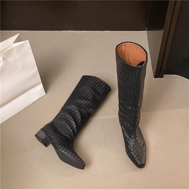 Fashion Non-Knee Boots Women's Pointed Toe Slip-on Woven Long Tube High Anti-Slip Wear-Resistant Block Heel Chimney Boots