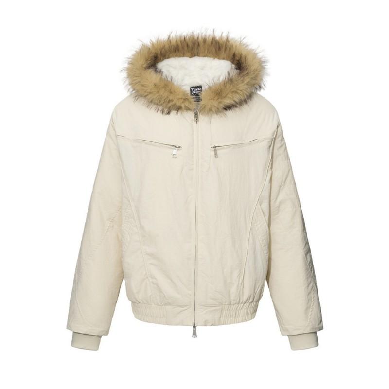 Mens Winter Hooded Puffer Jacket Streetwear Loose Fit Zip Up Cotton Coat With Fur Trim
