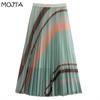 MOJTA Jupe mi-longue printemps été femme élastique taille haute jupe a-ligne plissée maille contraste rayures jupe