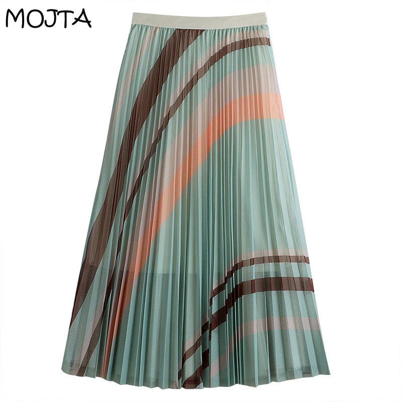 MOJTA Mid-length Skirt Spring Summer Women's Elastic High Waist Skirt A-line Pleated Mesh Contrast StripesSkirt