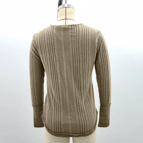 Women Autumn Tops Long Sleeve V-Neck Knitting Tops Solid Color Ribbed Casual Knitting Shirt Daily Wear